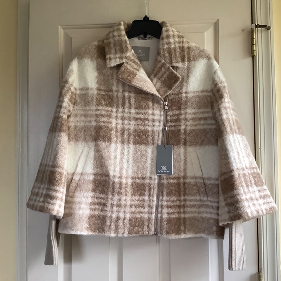 Sonia & Kyo Pauline Plaid Jacket with Knit Sleeves Cream SZ L - Picture 3 of 15
